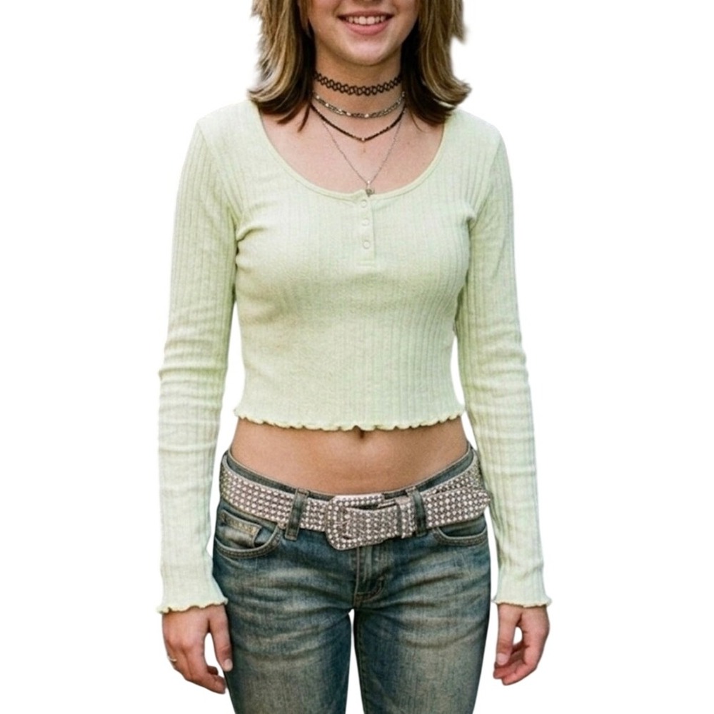 BP Nordstrom Women Ribbed Henley Crop Top Long Sleeve Lettuce Edge Light Green L
